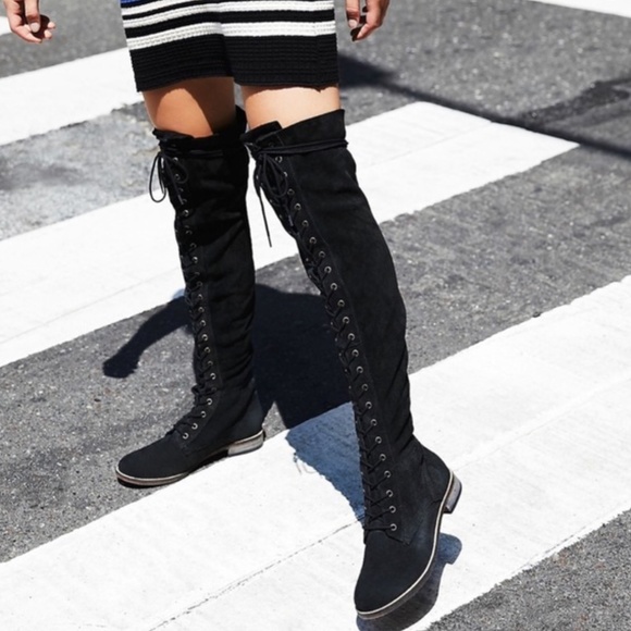 Free People Shoes - Free People Black Over The Knee Lace Up Suede Tennessee Boot